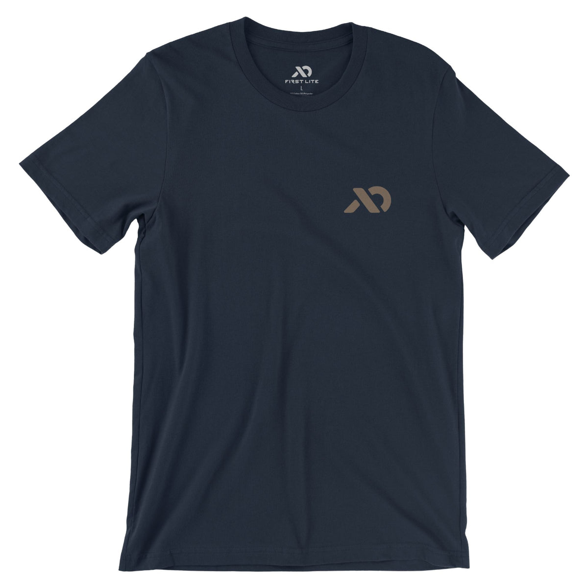 Navy T-Shirt with a light brown abstract logo on the left chest