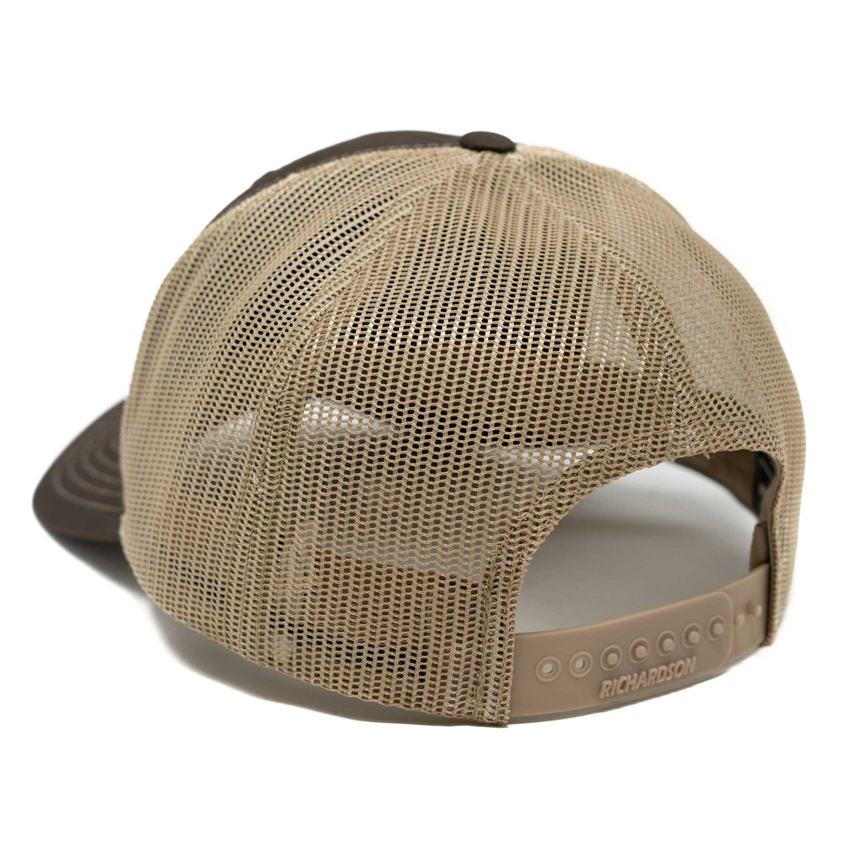 Brown and tan mesh trucker hat with an adjustable snapback closure featuring Richardson branding.