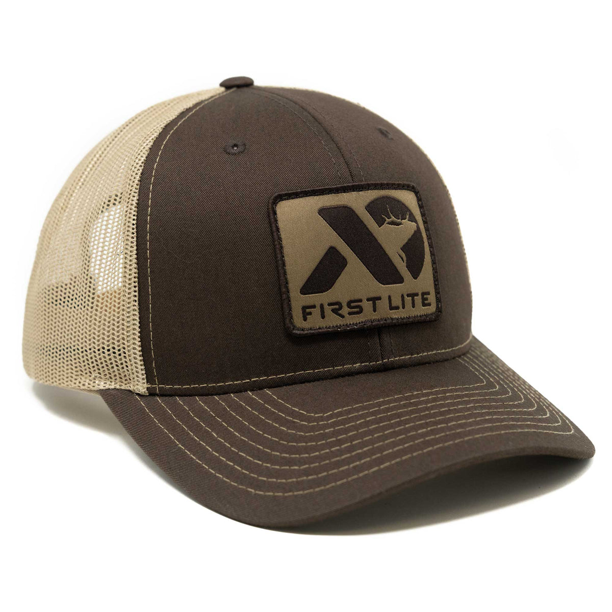 Brown and tan mesh trucker hat with a tan First Lite logo patch on the front.