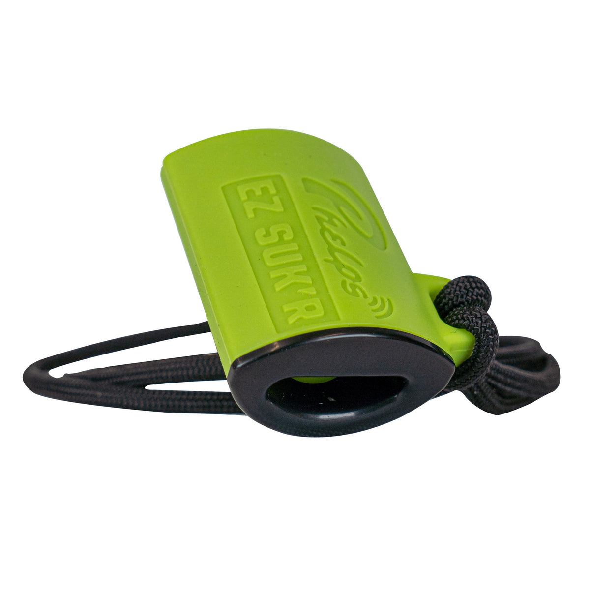 Lime green Phelps EZ SUKR game call with black mouthpiece and braided lanyard.