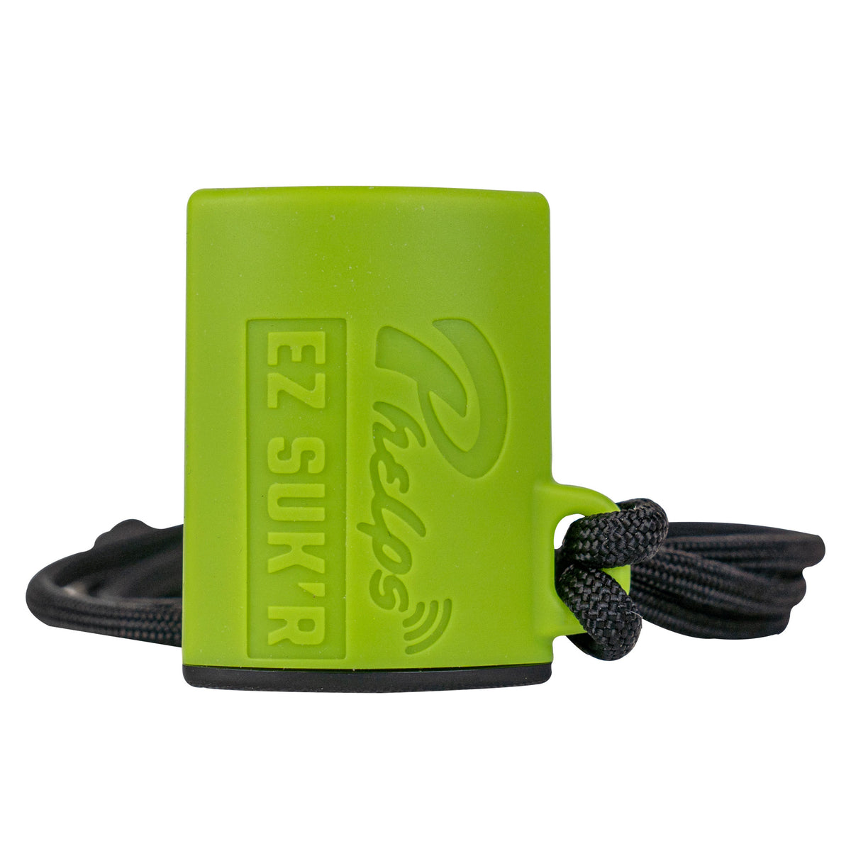 Lime green Phelps EZ Suk'r game call with a black base, braided lanyard, and embossed branding.