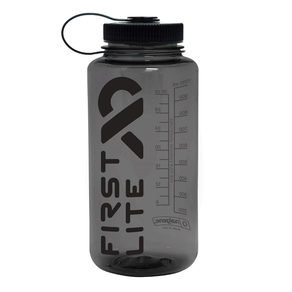 Smoky grey transparent water bottle with a black screw-on lid, a black loop, a "FIRST LITE" logo, and volume measurement markings.