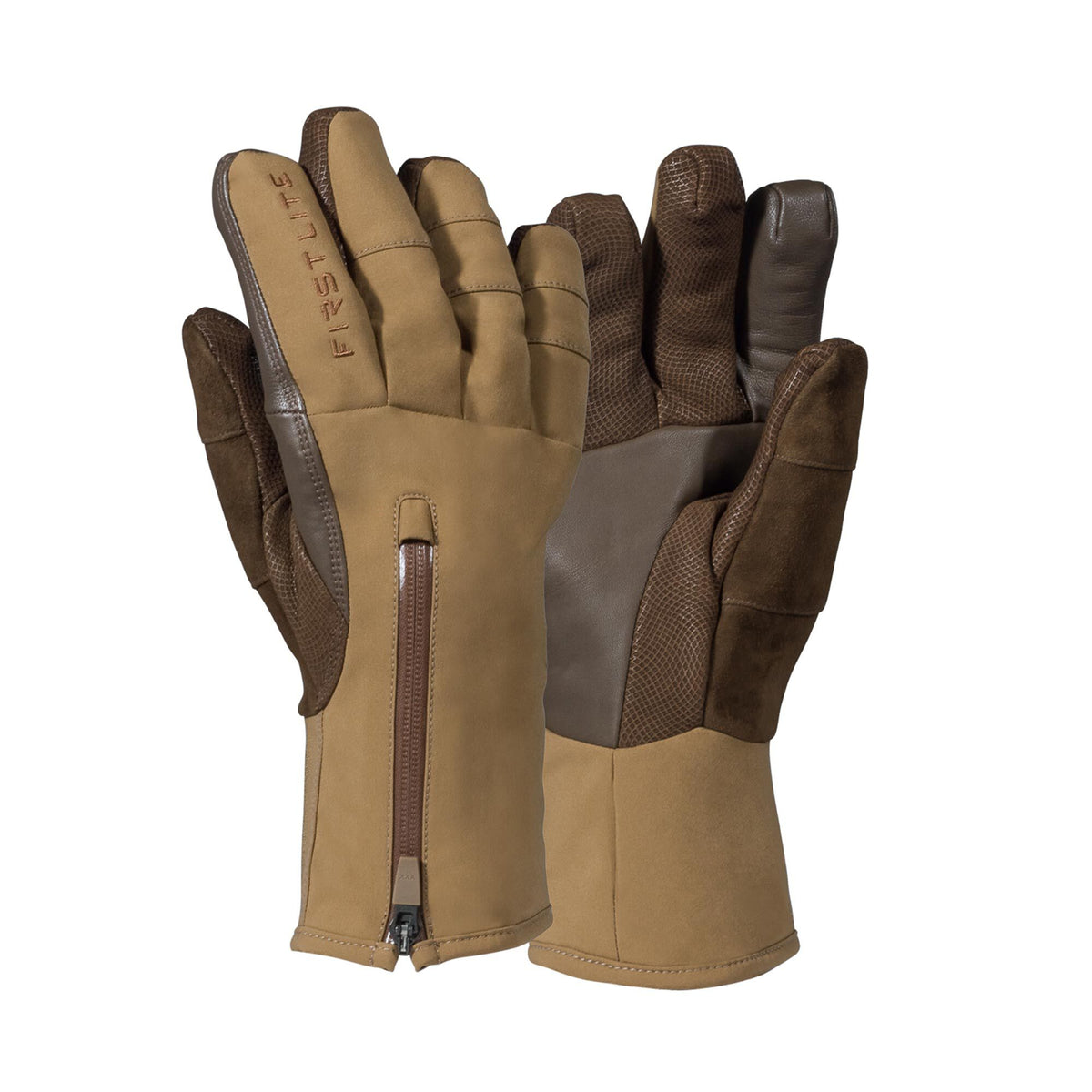 A pair of khaki and dark brown gloves featuring "FIRST LITE" on the left index finger, textured finger backs, and a vertical wrist zipper.