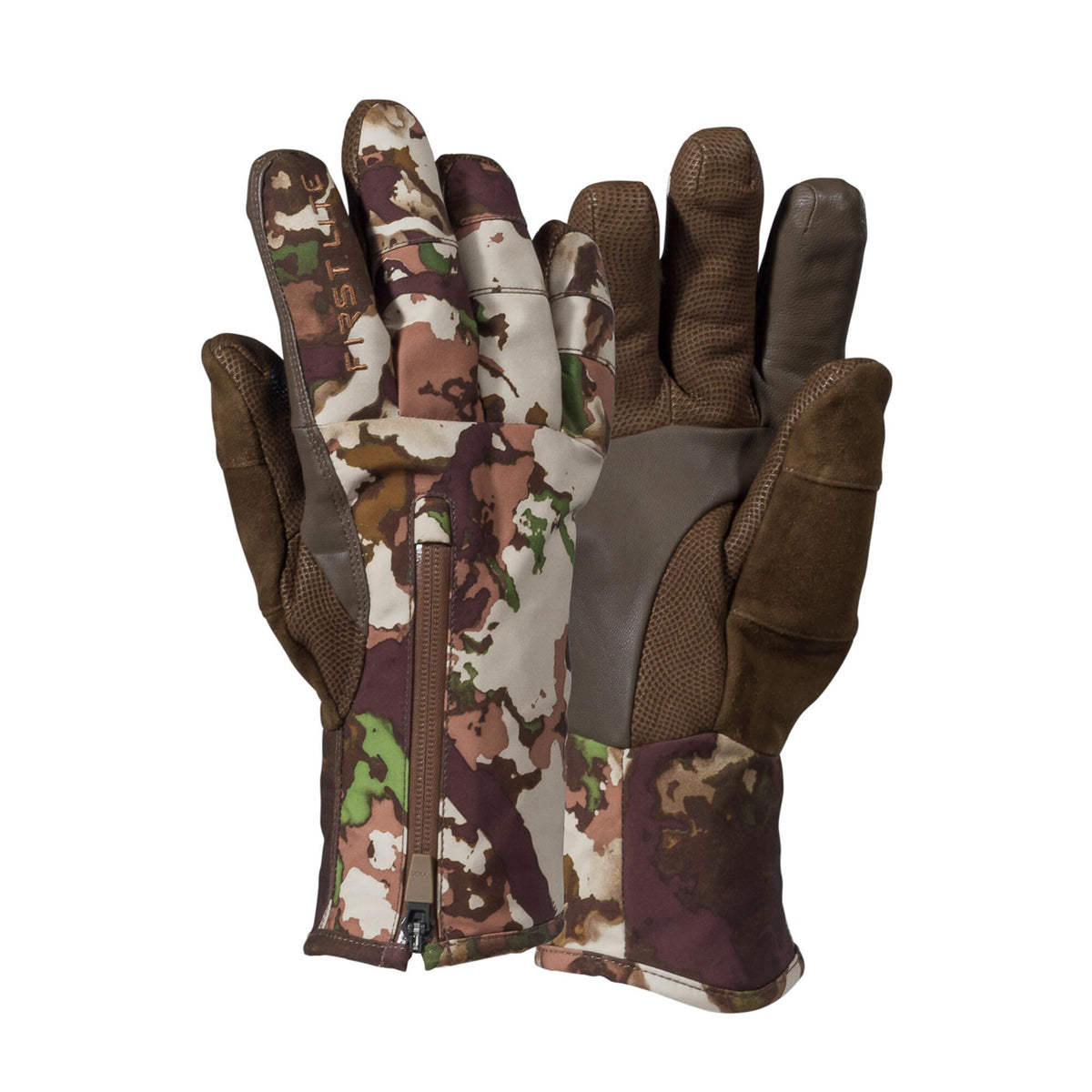 A pair of First Lite camouflage hunting gloves with brown palms, textured grip, and a wrist zipper.