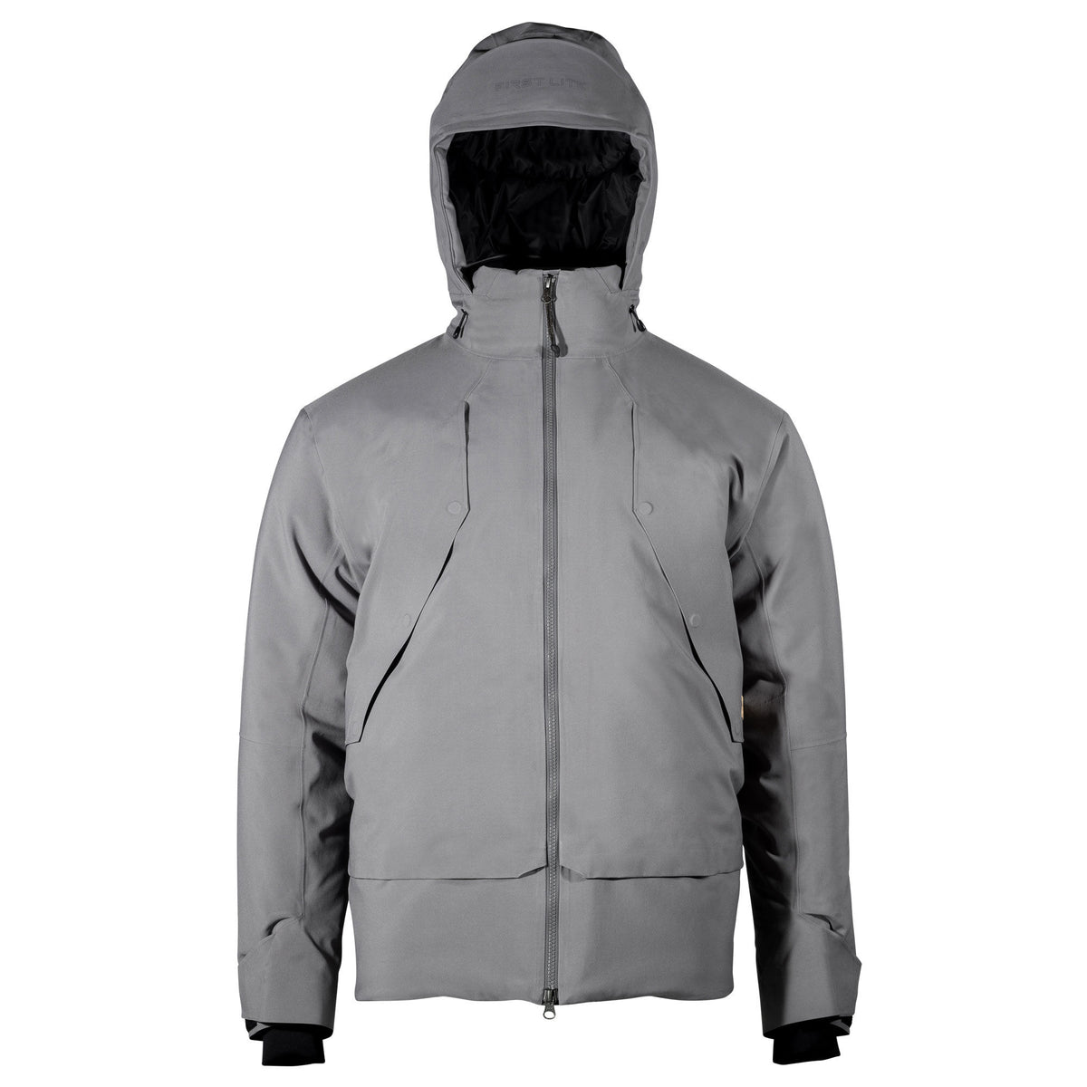 Gray hooded jacket with 'FIRST LITE' logo, full-zip front, and two diagonal chest pockets with circular snaps.