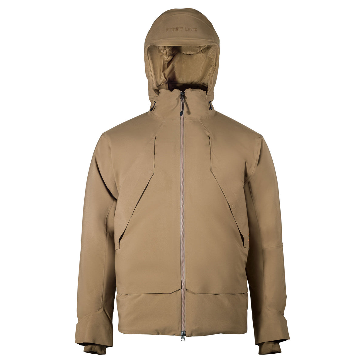 Tan hooded jacket with full-zip front, two chest pockets, and 'FIRST LITE' logo on the hood.