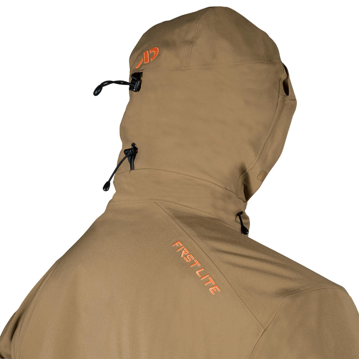 Tan hooded jacket with black drawstrings, an orange "FIRST LITE" logo on the upper back, and an orange logo on the hood.
