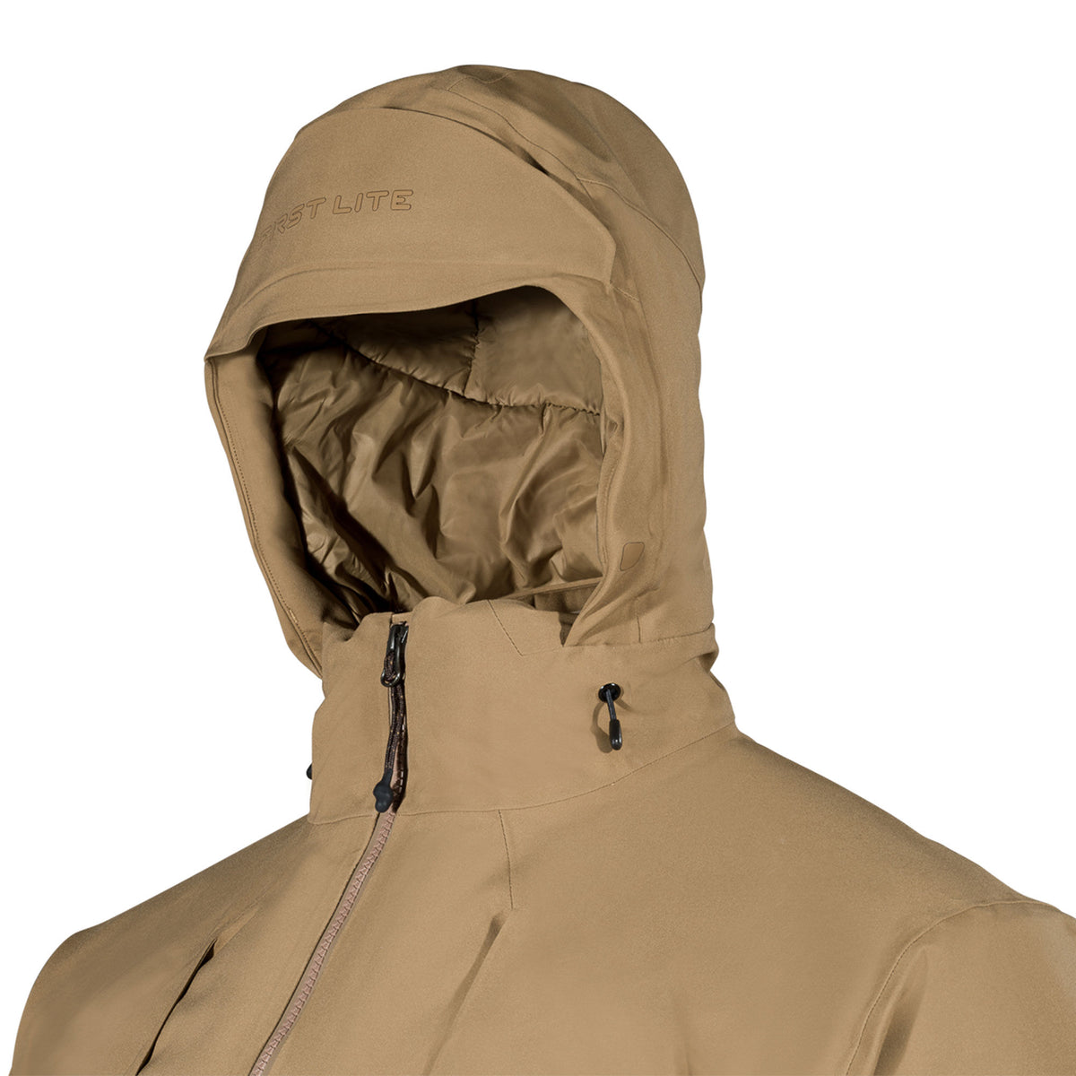 Tan hooded jacket with a visible zipper and "First Lite" logo embossed on the hood.