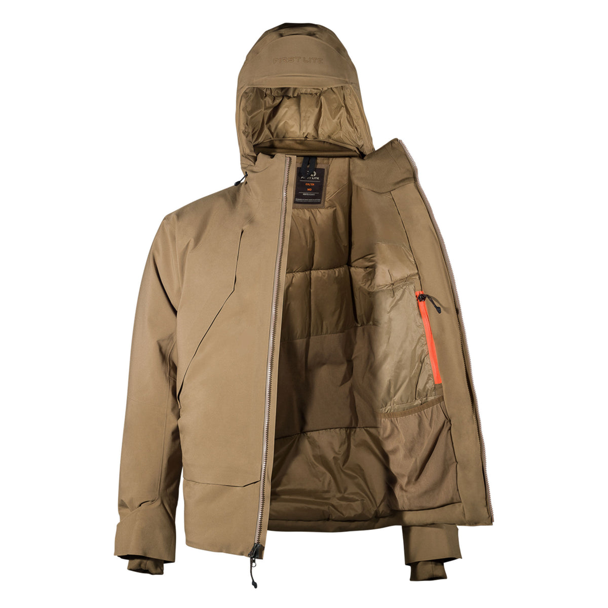 Tan First Lite hooded jacket, partially unzipped to reveal its quilted insulated interior and an orange-zippered inner pocket.