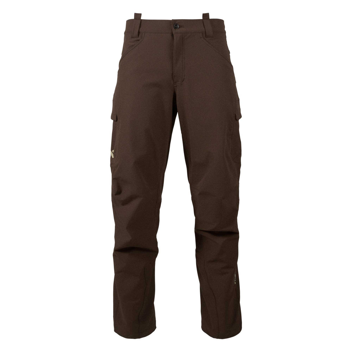 Brown outdoor pants with button and zipper closure, belt loops, front and side cargo pockets, and a logo on the left cargo pocket.