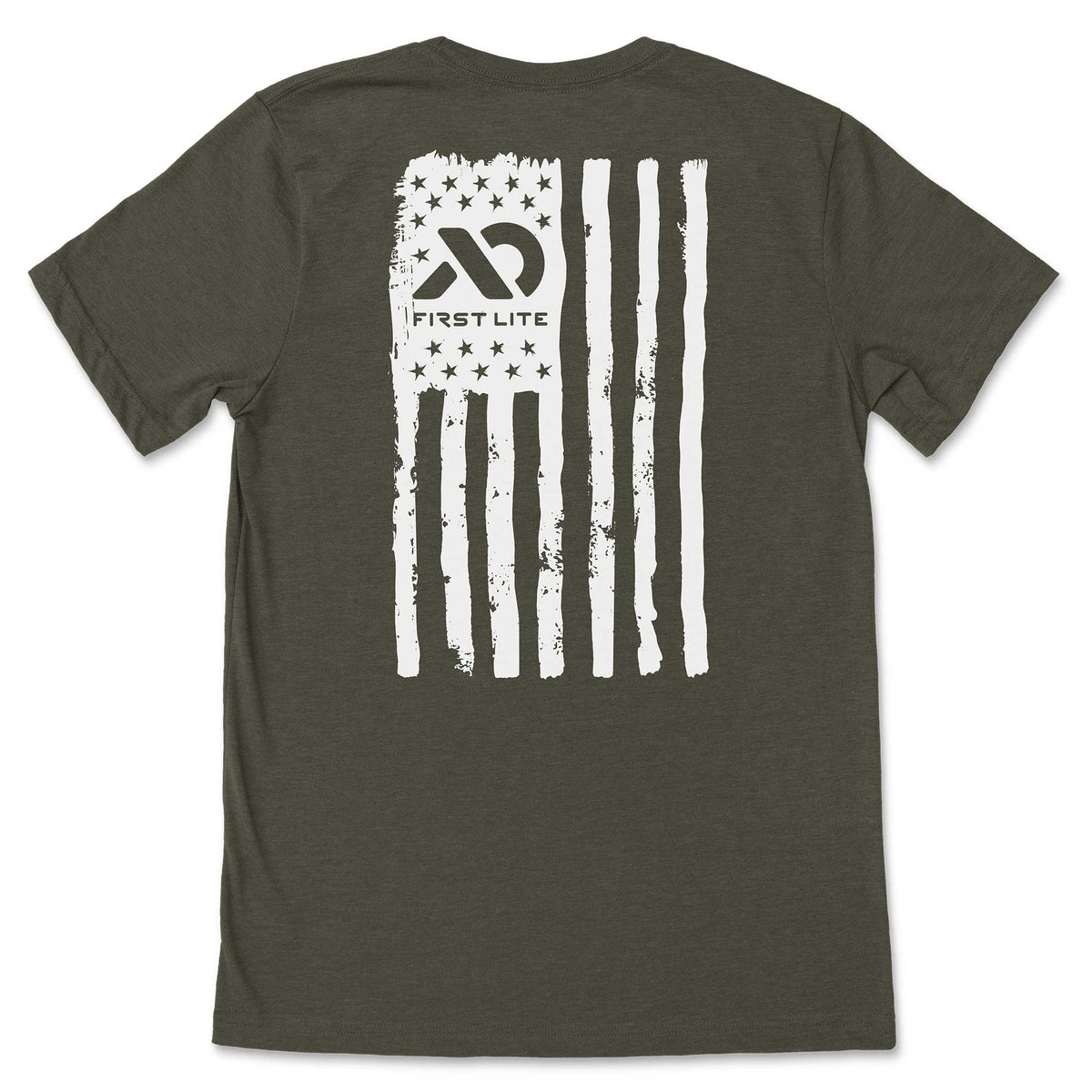 Olive green t-shirt with a distressed white American flag graphic on the back, featuring the First Lite logo and text.