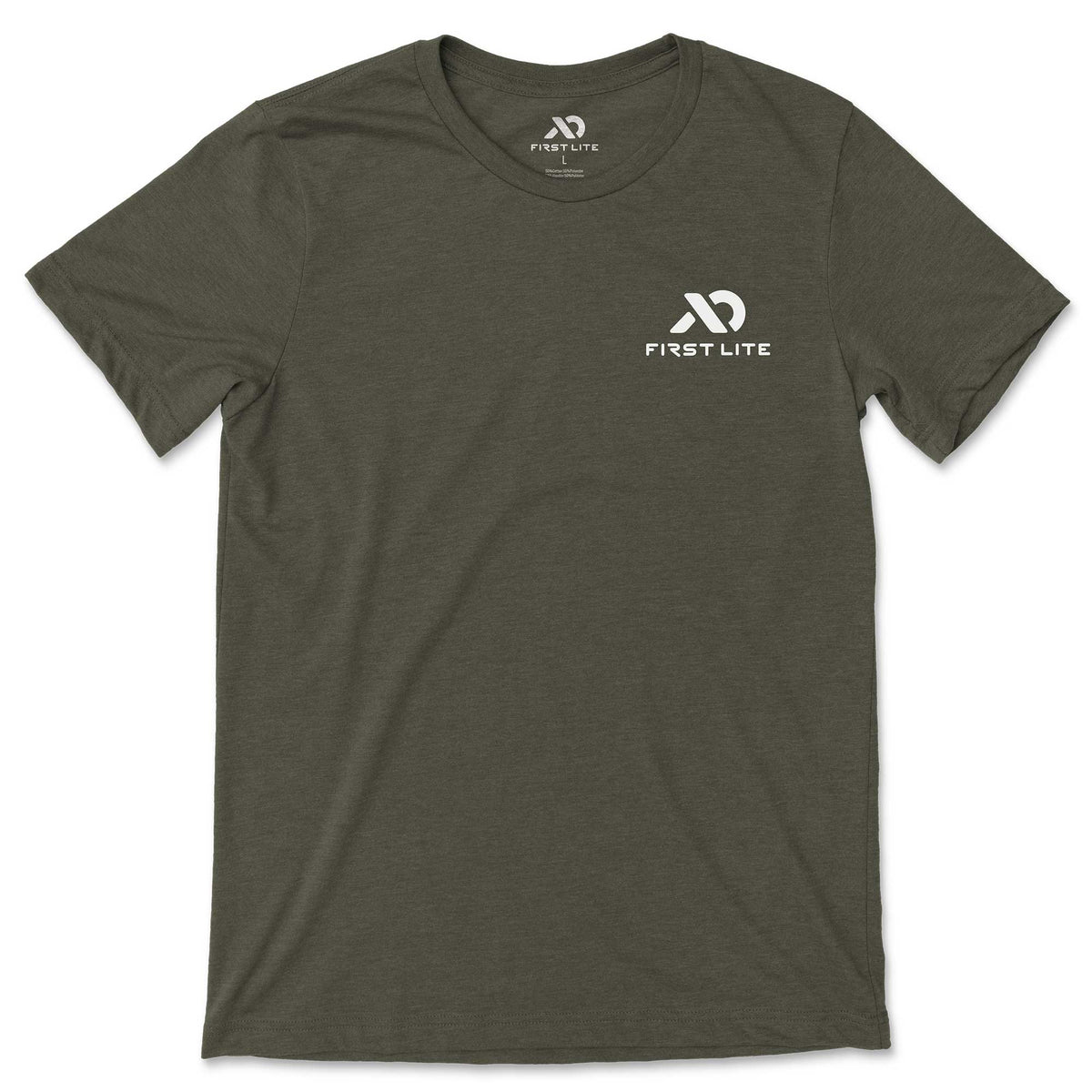 Dark olive green t-shirt with a white First Lite logo on the left chest.