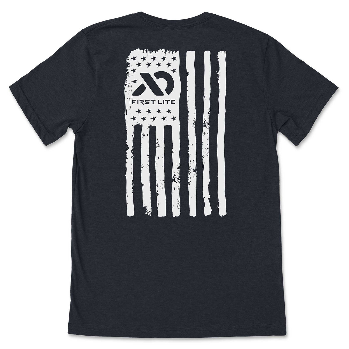 Charcoal t-shirt with a distressed white American flag graphic, featuring the First Lite logo within the star field.