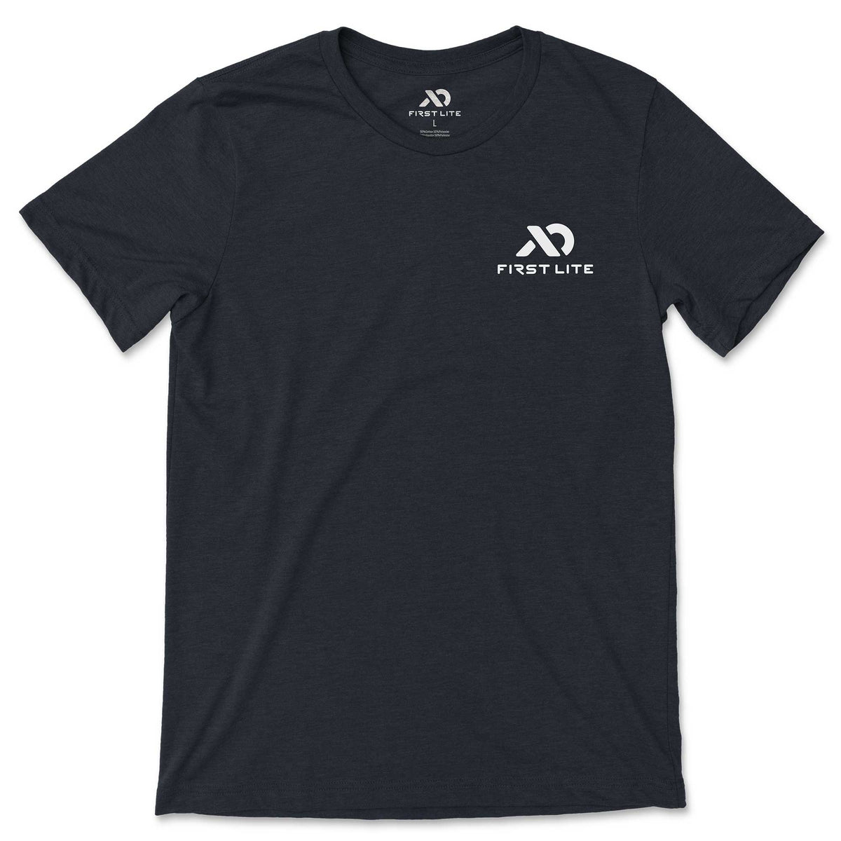 Dark grey heathered t-shirt with a white First Lite logo on the left chest.