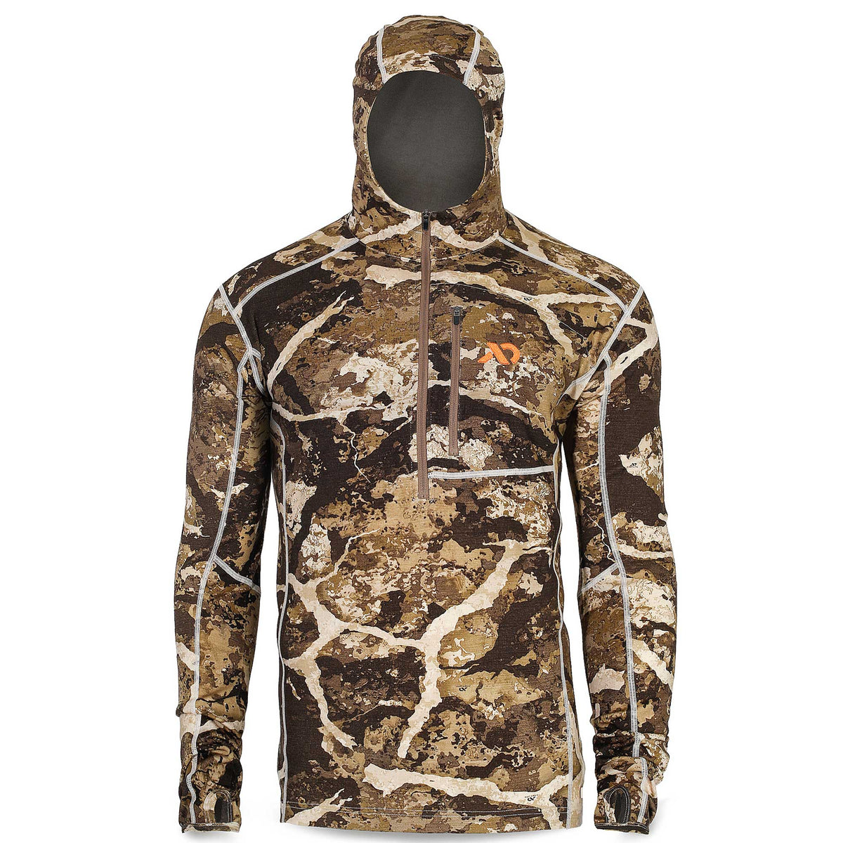 Brown and tan camouflage long-sleeve hooded shirt featuring a quarter-zip, zippered chest pocket, white flatlock seams, and thumbholes.