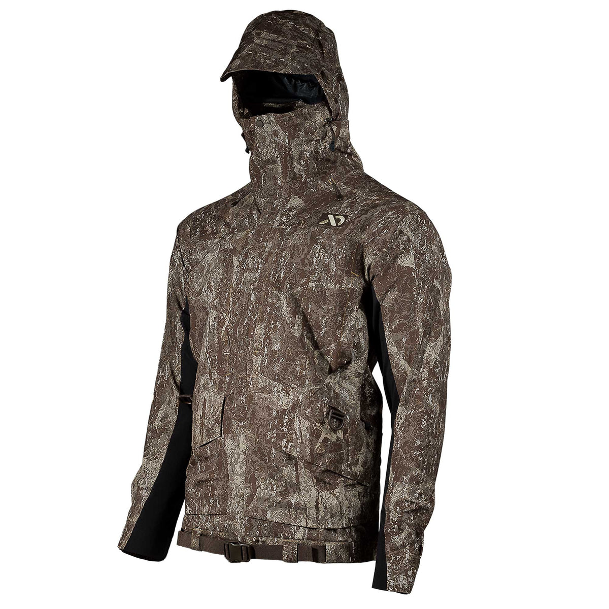 Brown camouflage hunting jacket with an integrated face mask, brimmed hood, black side panels, and adjustable waist.