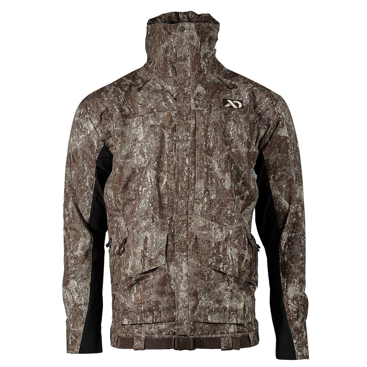 Brown and beige textured camouflage jacket with black side panels, a high collar, two front flap pockets, and a chest logo.