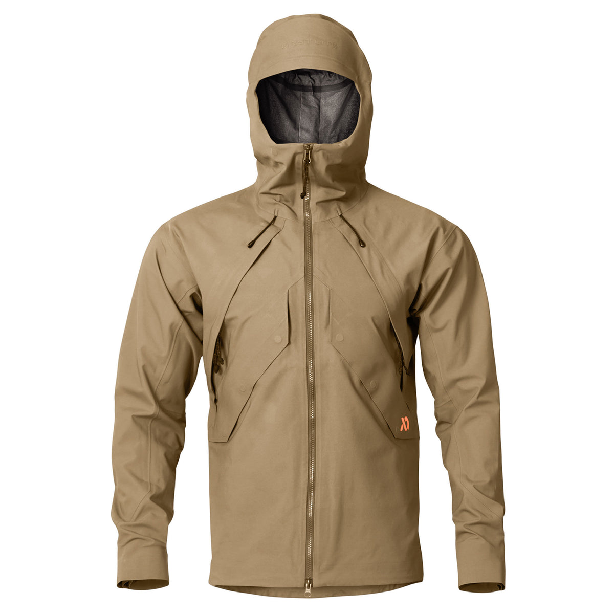 Tan outdoor jacket with a hood featuring embossed "FIRST LITE" text, a full-zip front, multiple flap and zippered pockets, and an orange logo on the left chest.