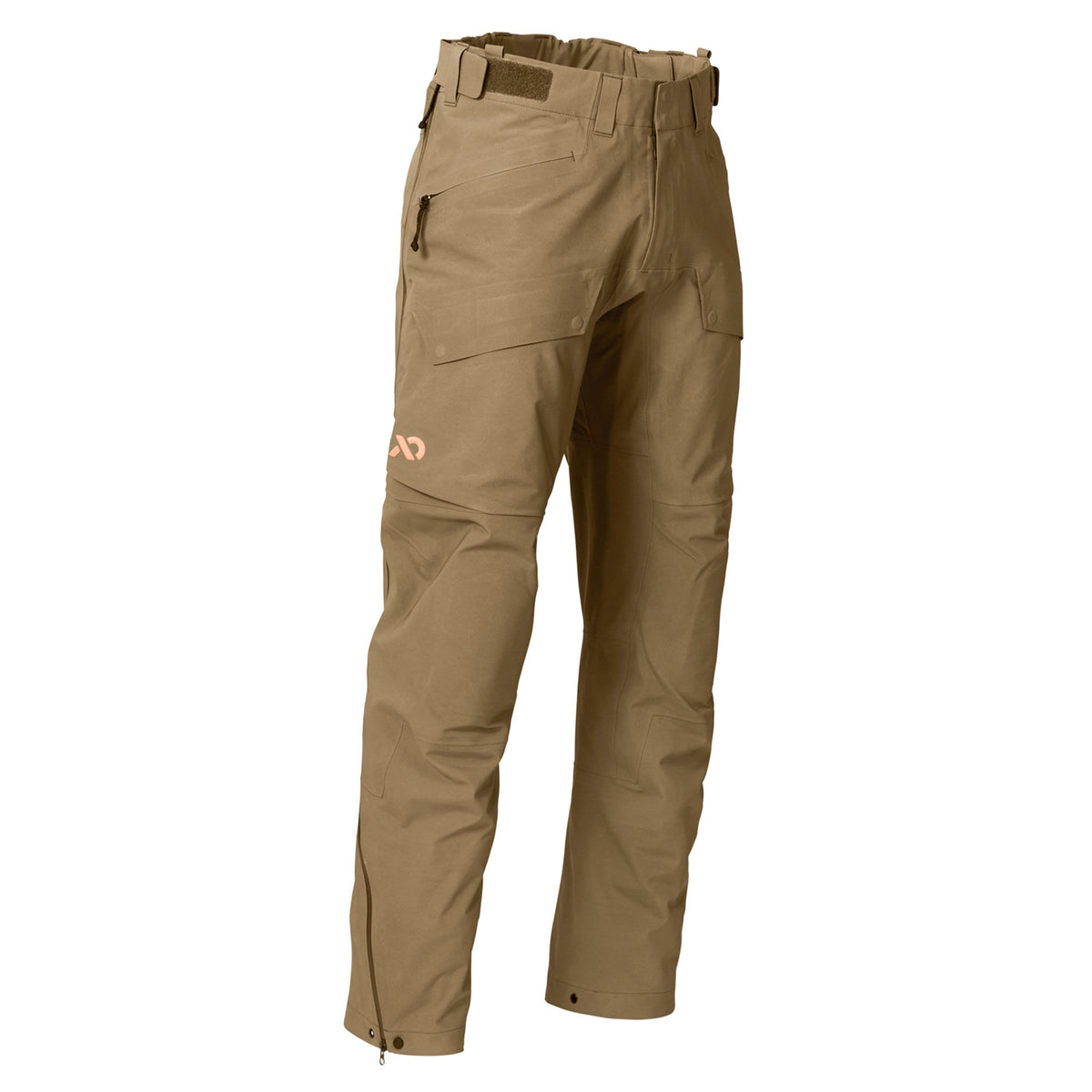 Tan cargo pants with zippered thigh pockets, adjustable waist, ankle zippers, and an orange logo on the left thigh.