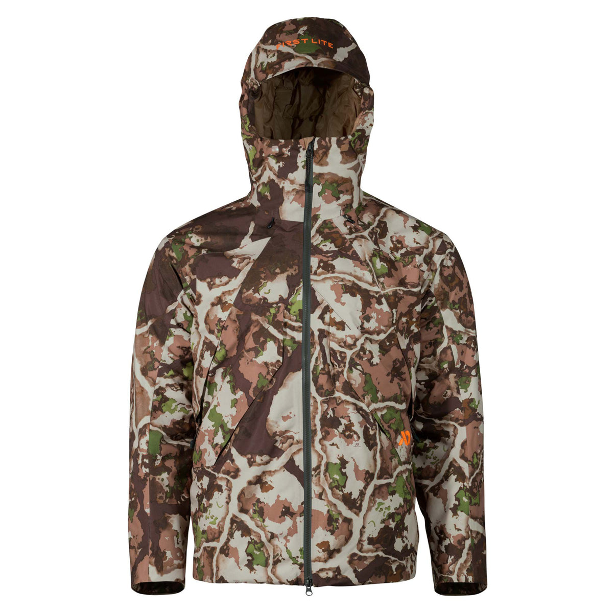 Brown, green, and beige camouflage hunting jacket with a hood, full zipper, and orange First Lite logos.