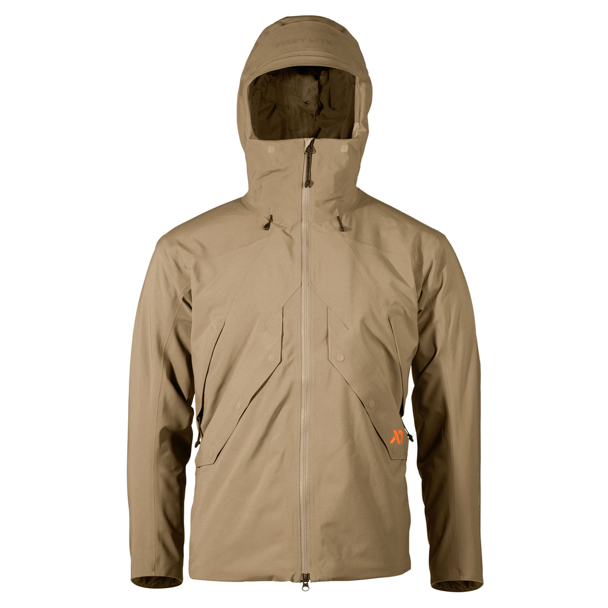 First Lite tan hooded jacket with a full-zip front, two chest pockets, and an orange logo on the right sleeve.