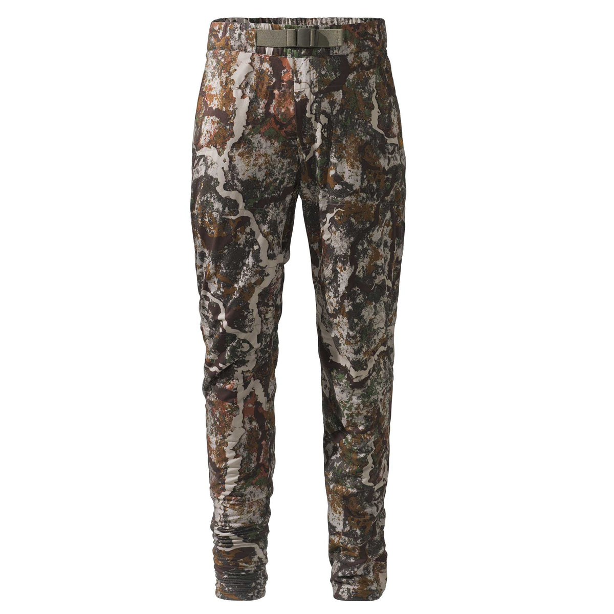 Padded multi-color camouflage pants with an elastic waist and olive green webbing belt.