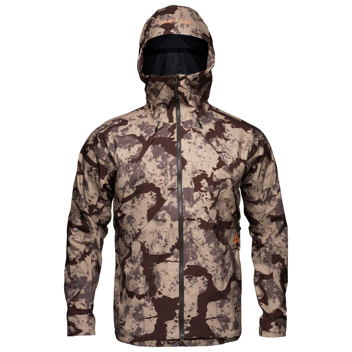 A hooded full-zip jacket in a tan, brown, and grey camouflage pattern with a small orange logo.