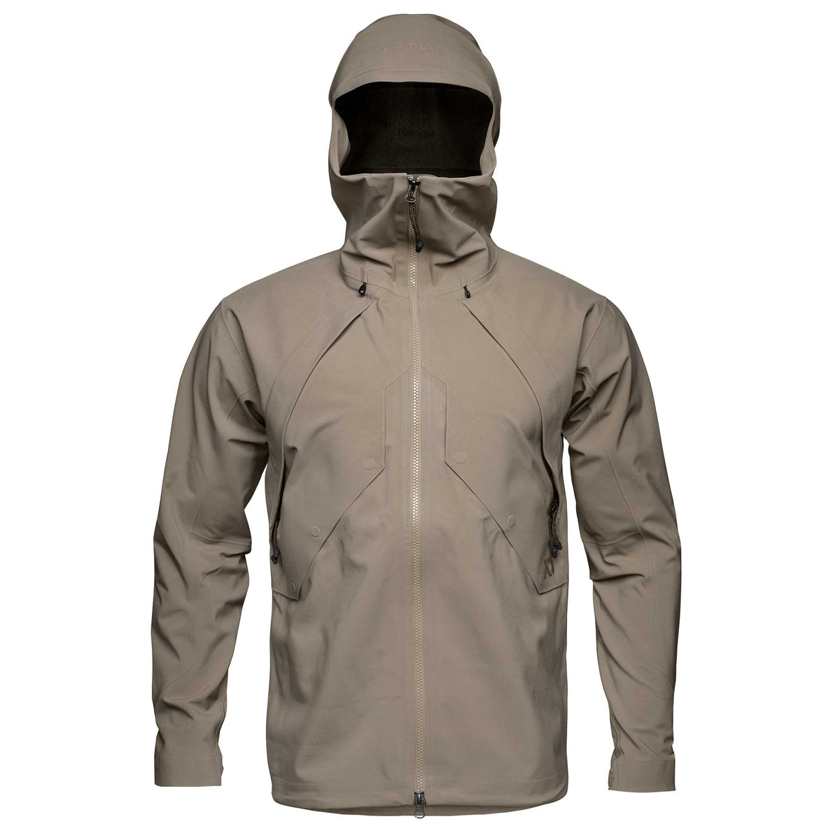 Walnut hooded jacket with 'FIRST LITE' on the hood, a full front zipper, and two zippered hand pockets with angular paneling.