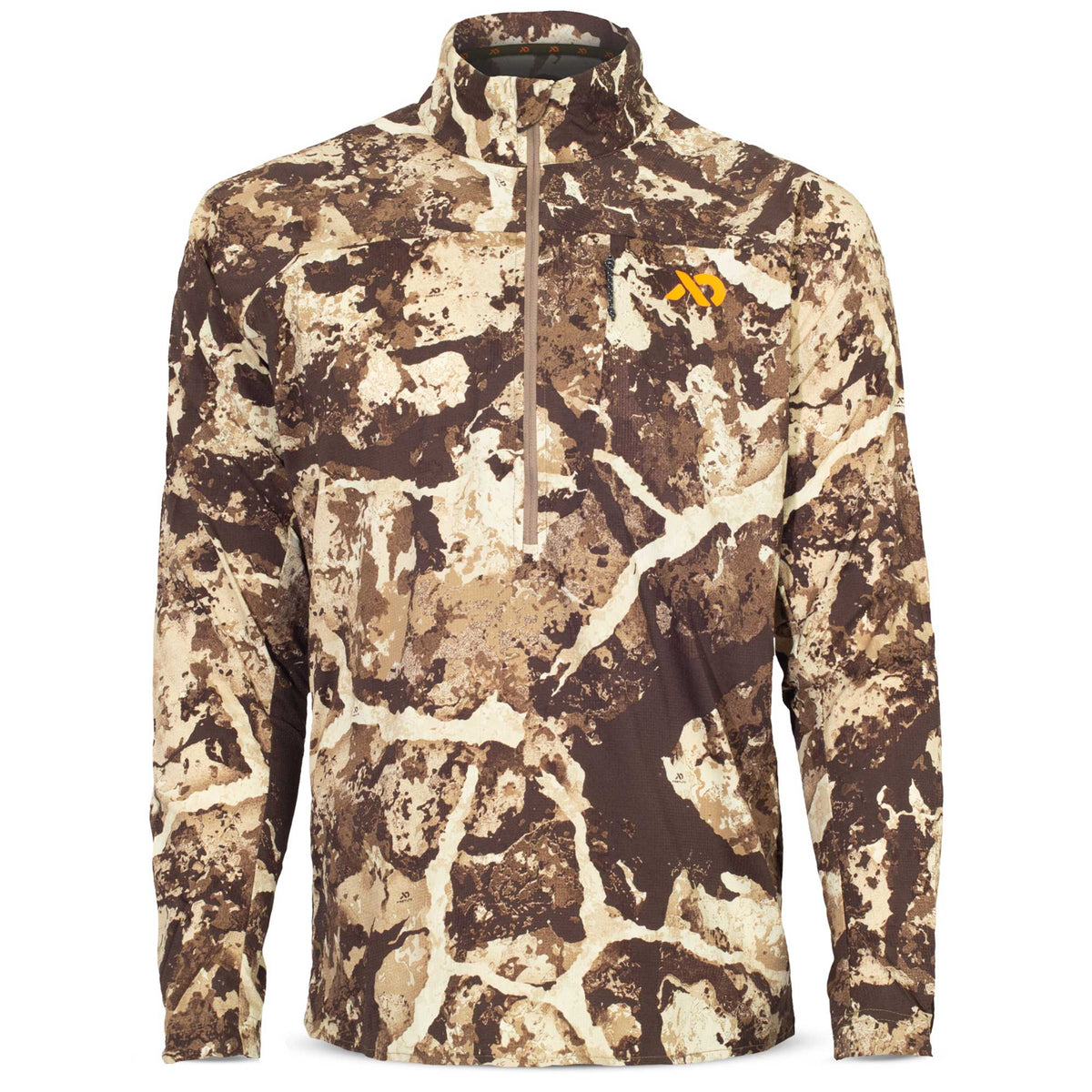 Earth-toned camouflage 1/4-zip long-sleeve pullover with a zippered chest pocket and orange logo.