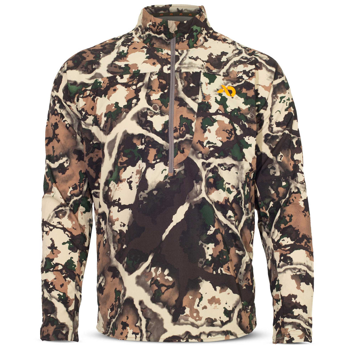 Long-sleeve quarter-zip shirt in a brown, tan, and green camouflage pattern, with a grey zipper and an orange logo on the left chest.