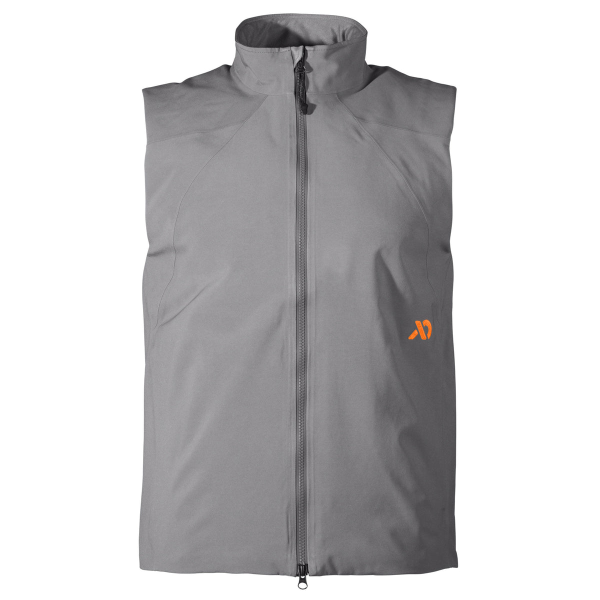 Grey sleeveless vest with a full-length zipper, high collar, and an orange logo on the left chest.