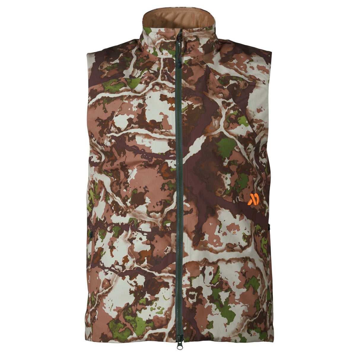Brown, green, and cream camouflage vest with a full-zip front, stand collar, and an orange chest logo.