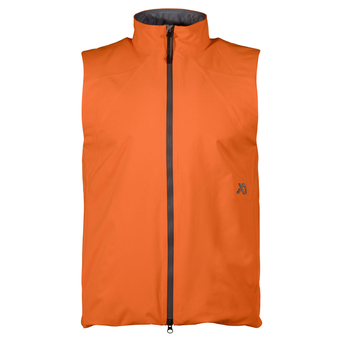 Orange full-zip vest with a stand-up collar, grey inner lining, and a grey logo on the left chest.