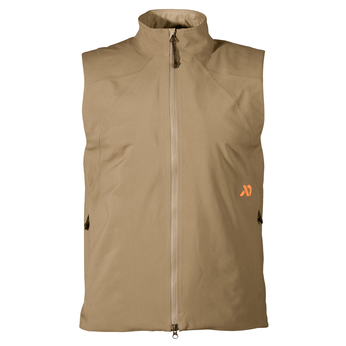 Tan full-zip vest with a stand-up collar, two zippered pockets, and an orange logo on the left chest.