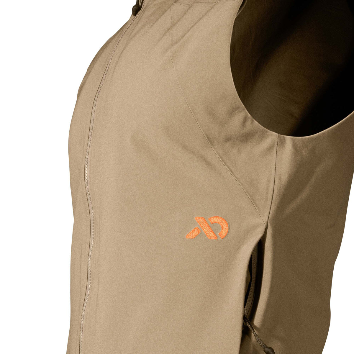 Tan sleeveless vest featuring an orange embroidered logo and a visible side zipper.