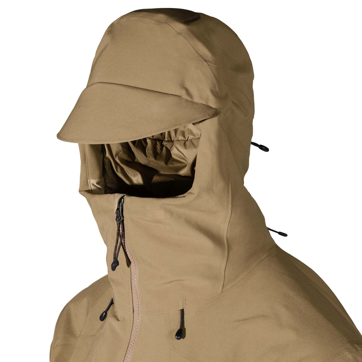 Tan jacket with a fully zipped collar, hood with a brim, and visible drawstrings.