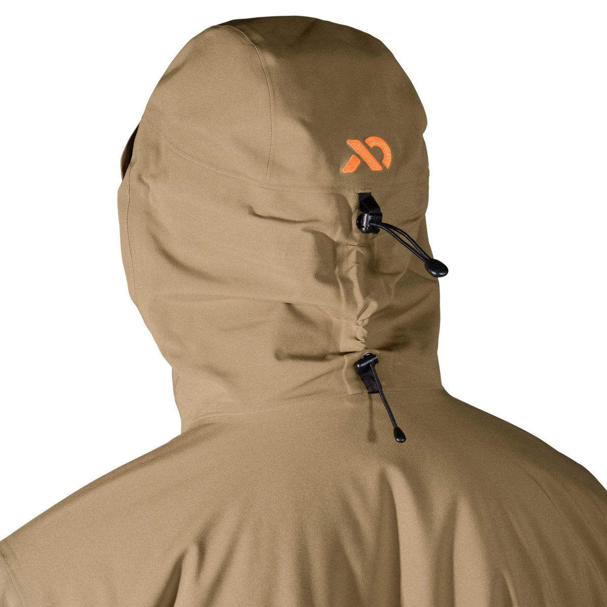 Khaki hooded jacket with an orange logo and black drawstrings on the back.