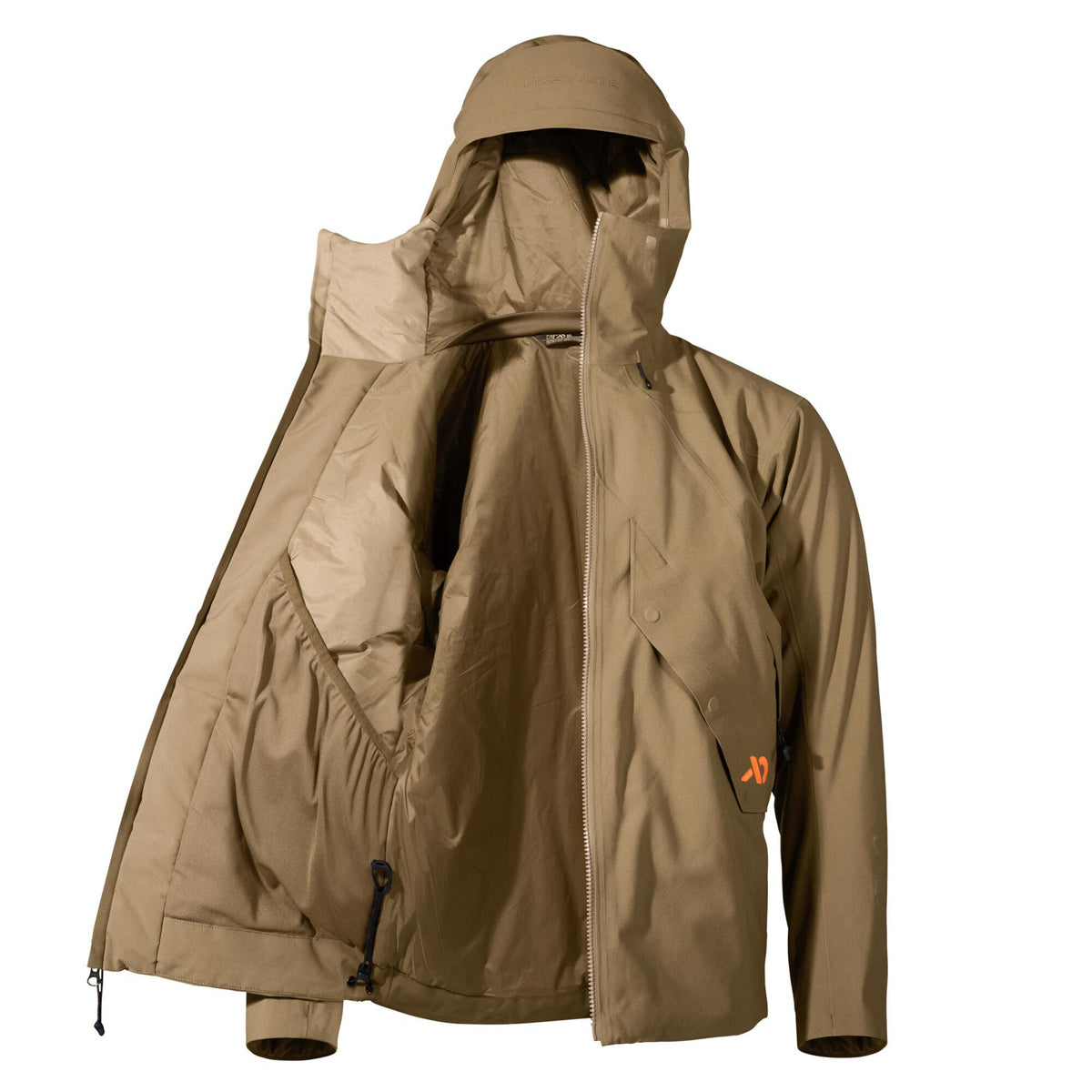 Tan hooded jacket with zipper partially open revealing an interior pocket and an orange logo on the chest.