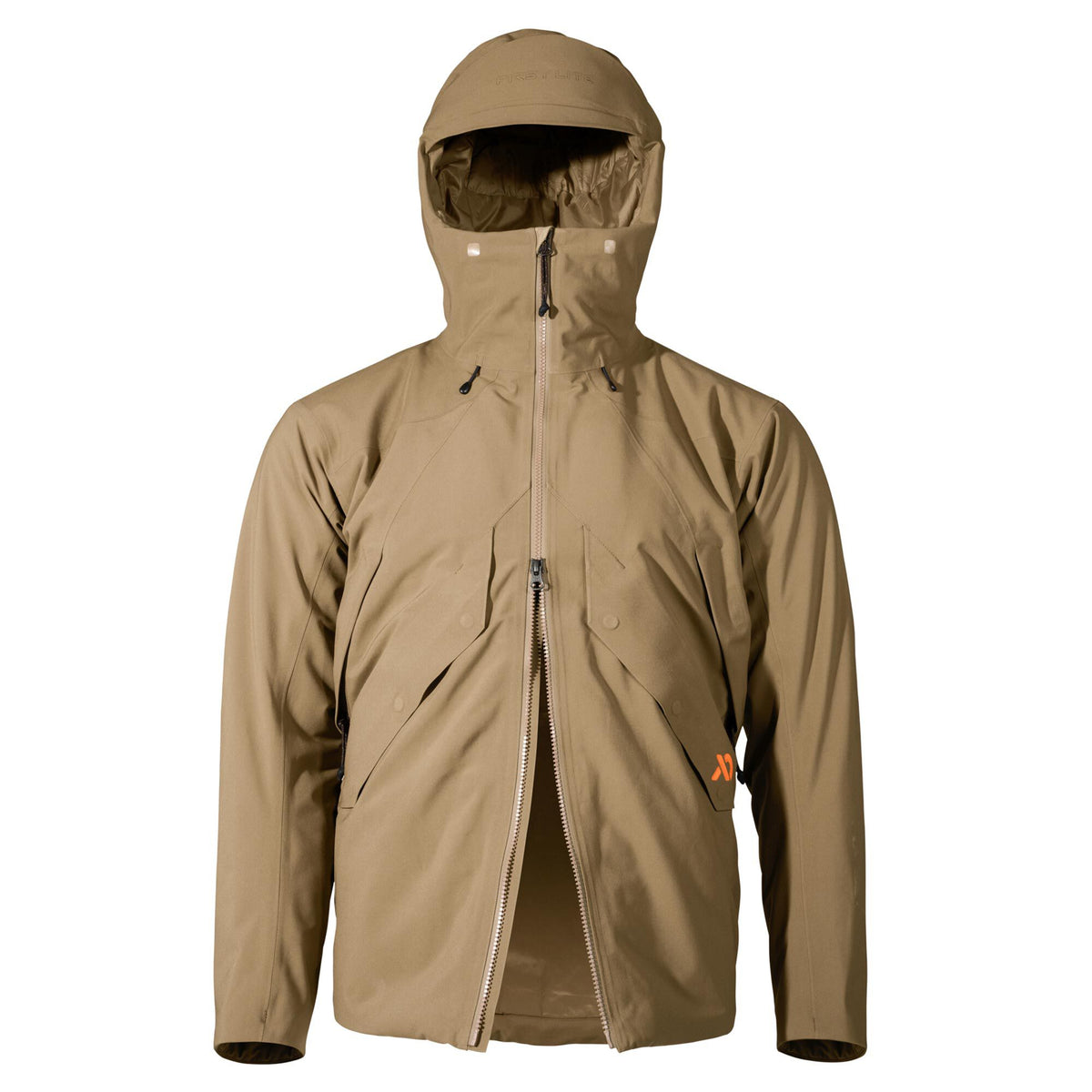 Coyote brown First Lite hooded jacket with a partially unzipped front zipper, two chest pockets, and an orange sleeve logo.