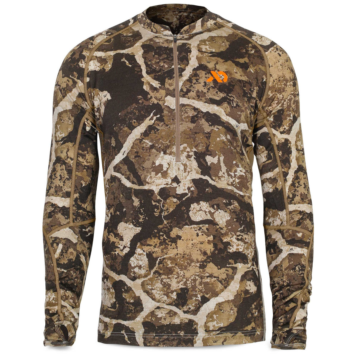 Long-sleeve 1/4 zip shirt in brown and tan camouflage with an orange chest logo, tan contrast stitching, and thumb loops.