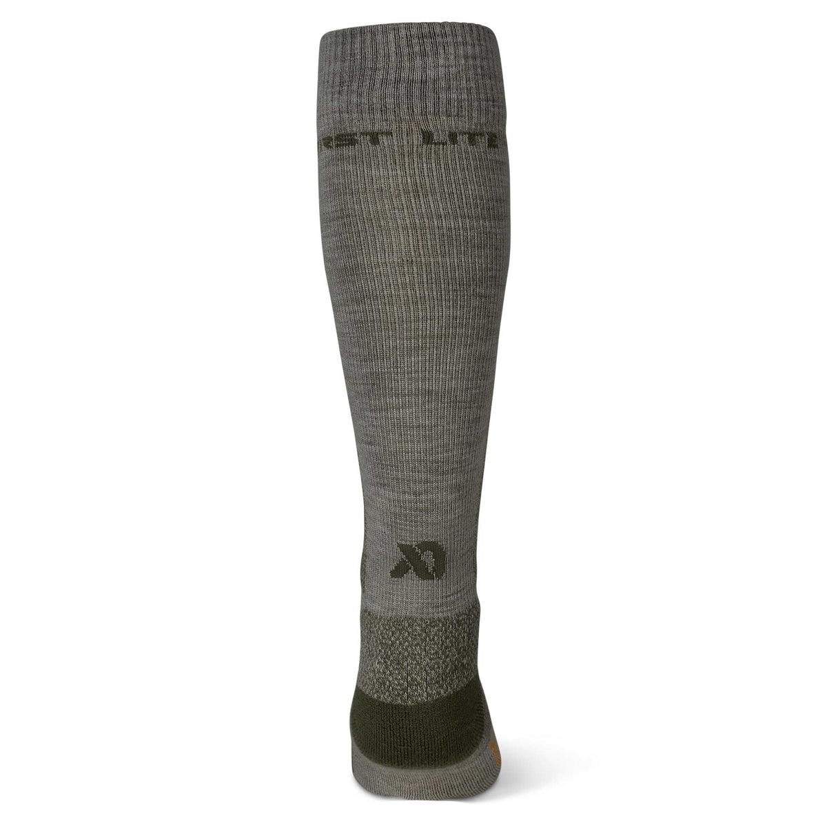 Grey-green knee-high sock with "FIRST LITE" branding and a dark green textured heel.