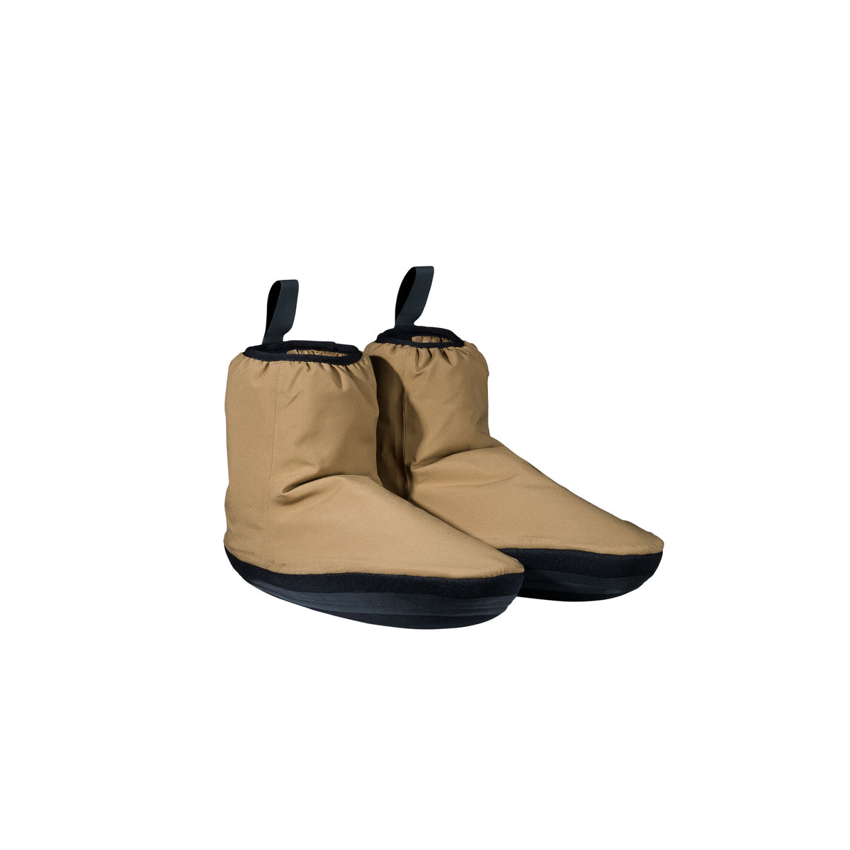 A pair of tan fabric slipper boots with black soles, elasticized cuffs, and pull loops.