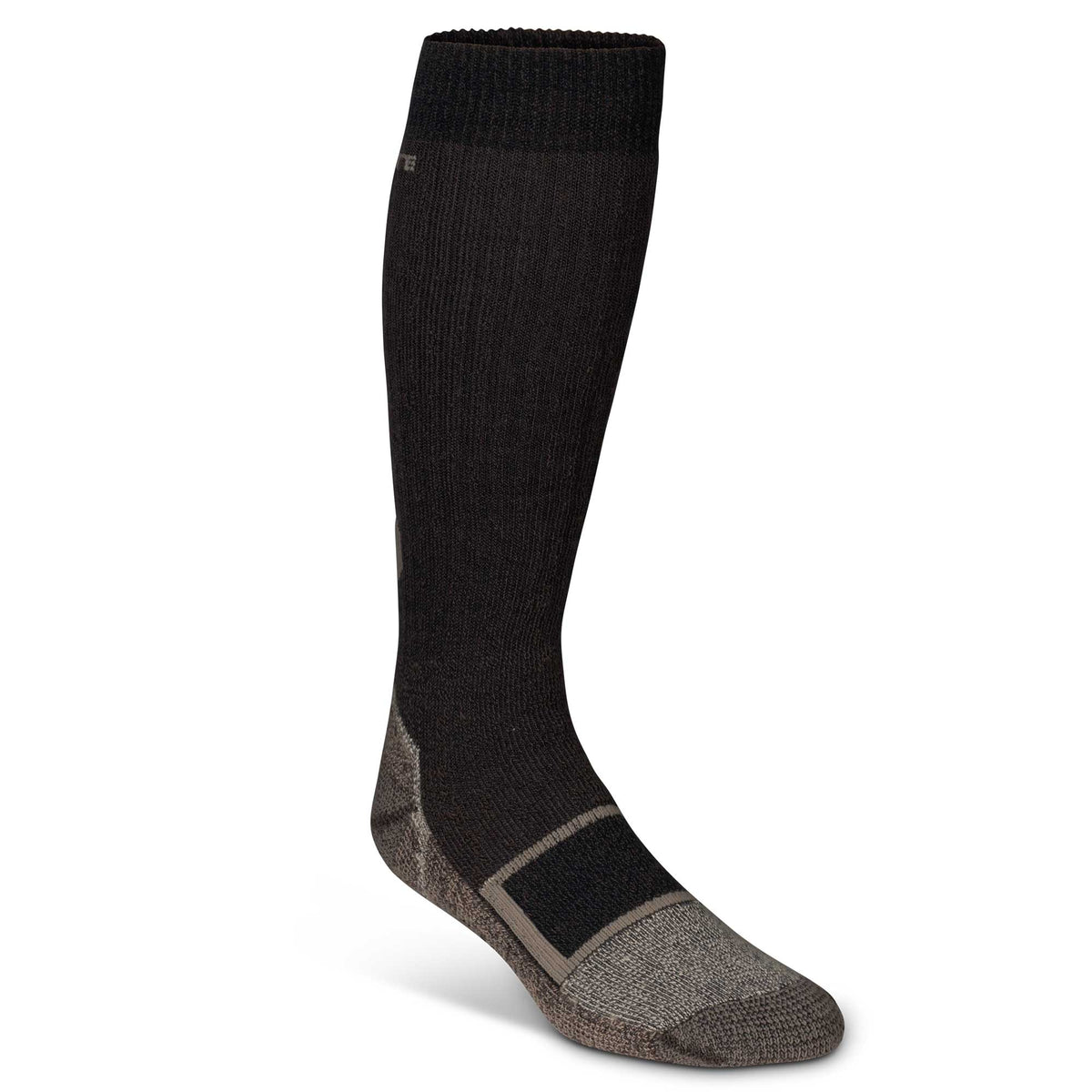 Black and grey calf-length sock with reinforced light grey heel, arch, and toe sections.