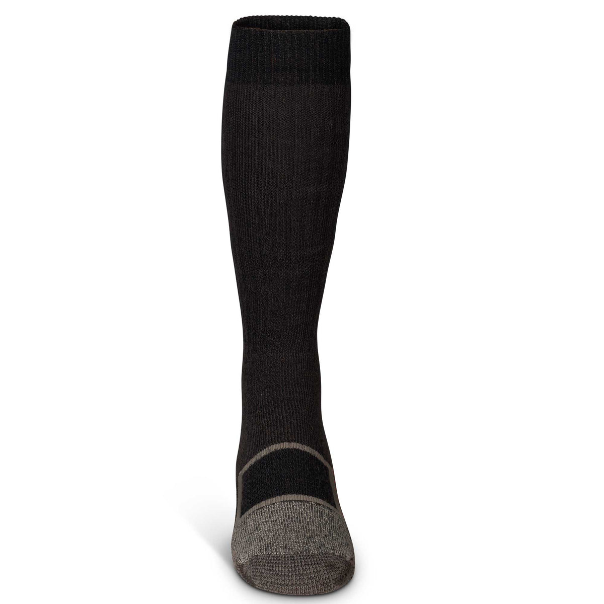 A single black tall sock with a ribbed cuff and gray heel and toe sections.