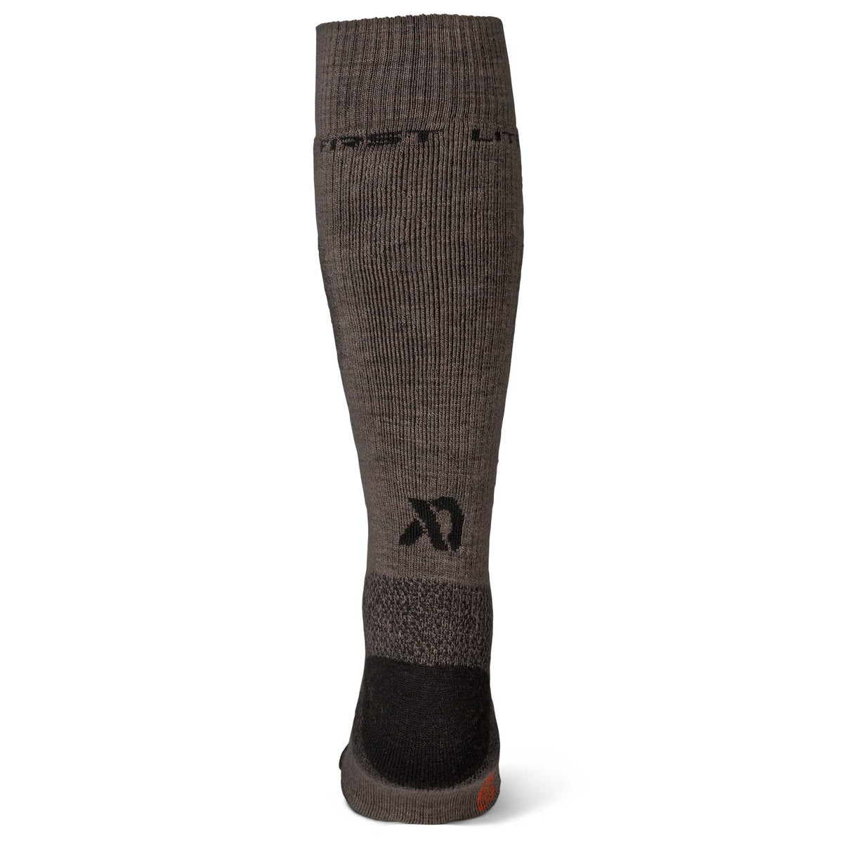 Dark brown ribbed calf sock with black heel and toe, "FIRSTLITE" text on the cuff, an abstract logo on the calf, and a small orange mark on the toe.