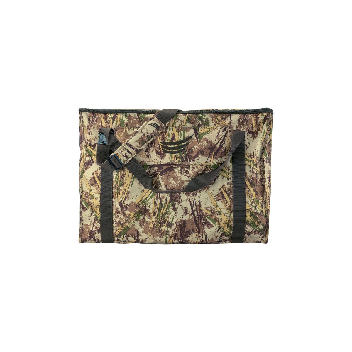 Camouflage duffel bag with green, brown, and tan reed patterns, featuring dark gray webbing handles, an adjustable shoulder strap, a top zipper, and a front pocket with a three-stripe logo.