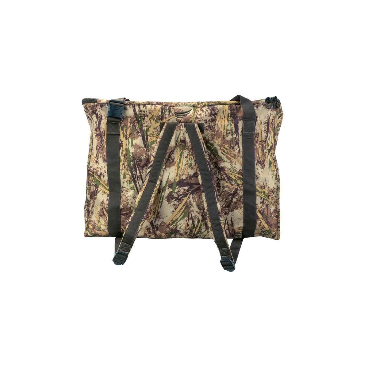 Camouflage duffel bag in greens, browns, and tans, featuring backpack straps, top carry handles, and a side buckle.