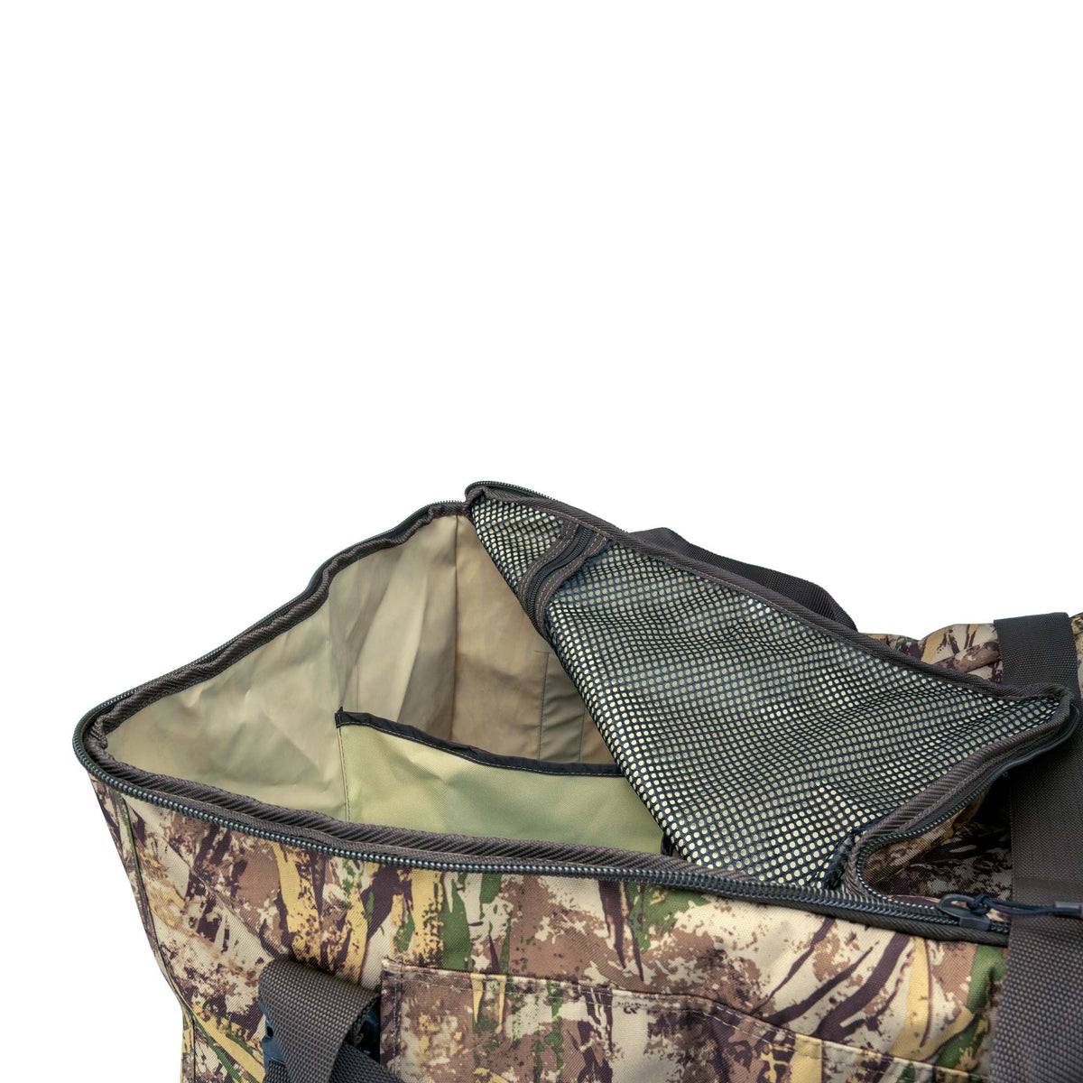 Open camouflage duffel bag with a zippered main compartment, an internal mesh lid pocket, and light tan lining.