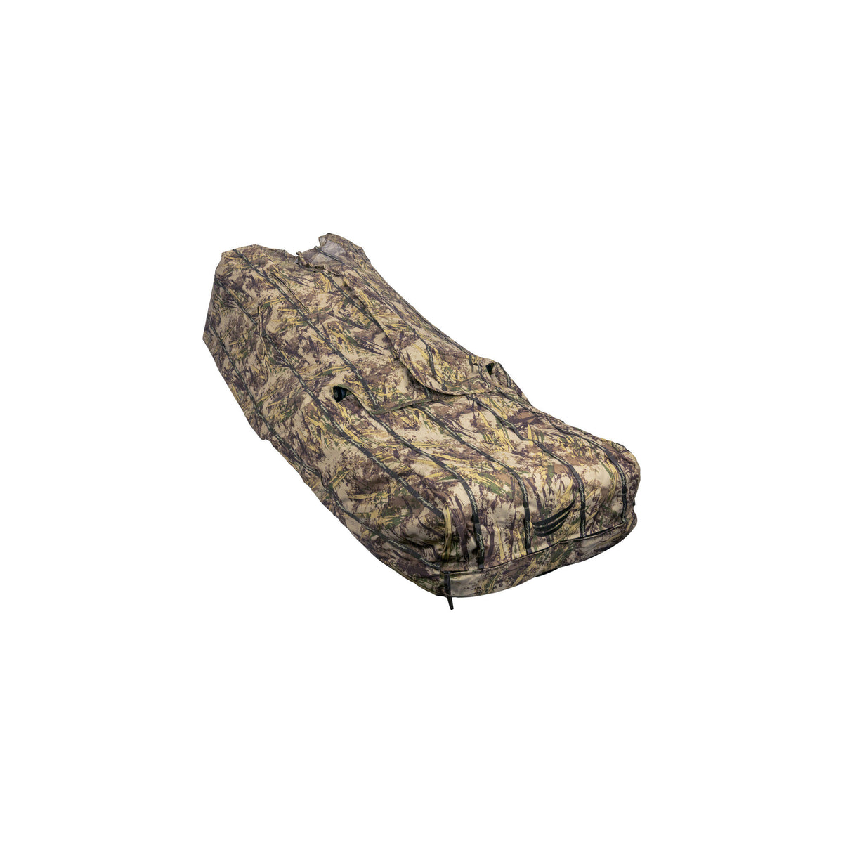 Camouflage hunting ground blind with a natural reed pattern, featuring multiple top access flaps and a circular side opening.