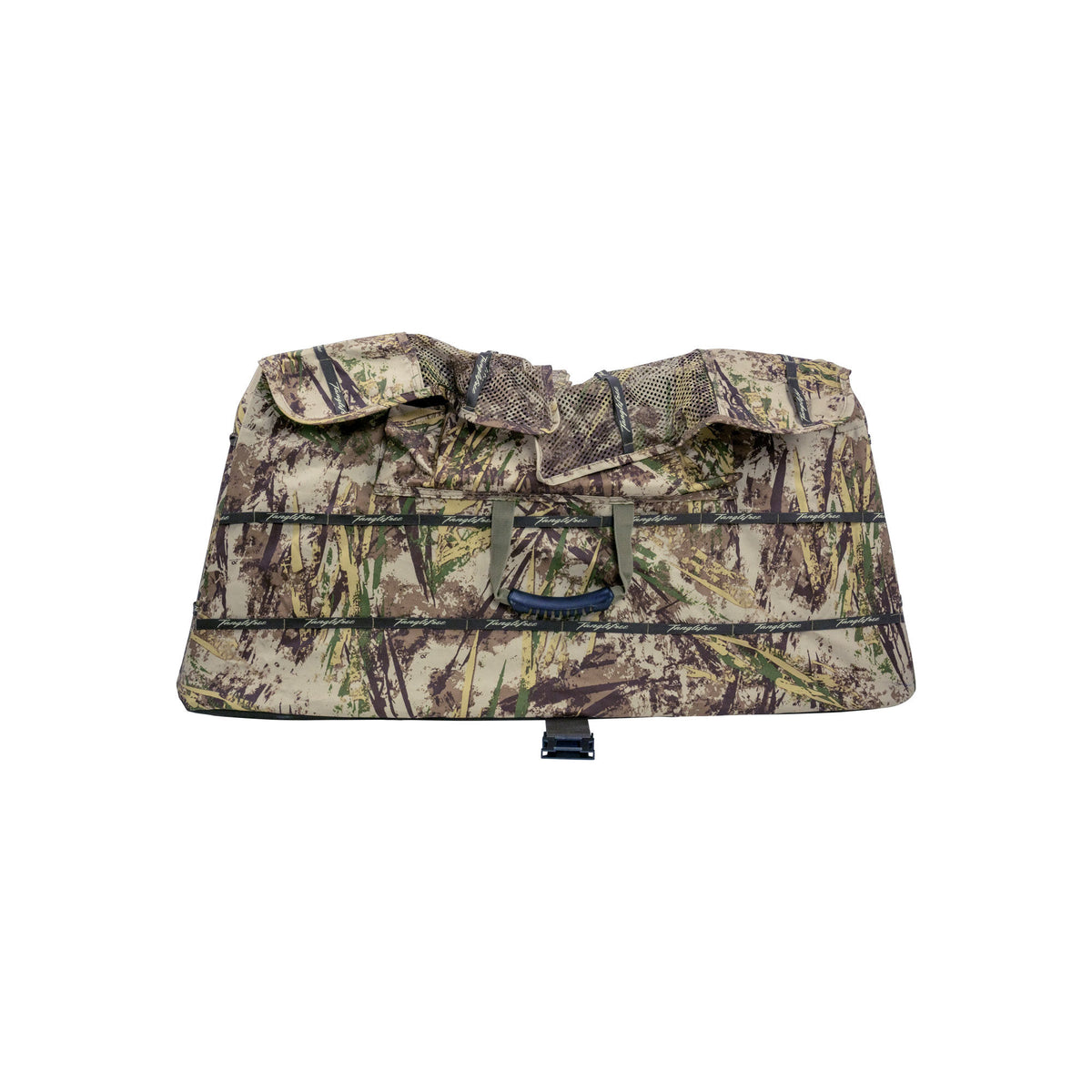 Camouflage Tanglefree layout hunting blind with a mesh top, black carry handle, and horizontal straps.